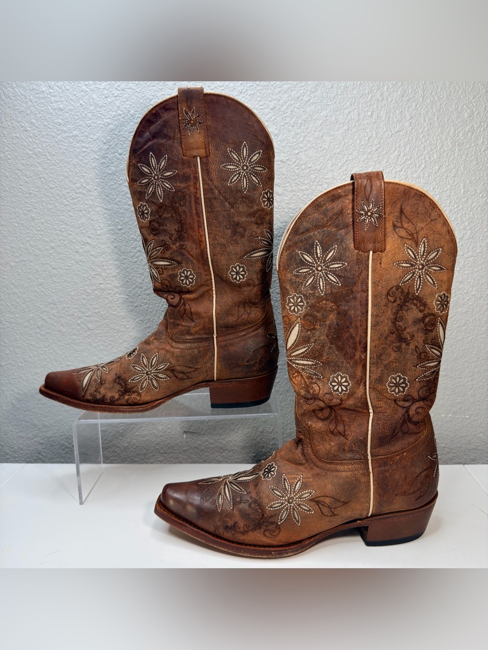 SHYANNE DAISY BROWN LEATHER FLORAL COWGIRL BOOTS #BBW11 WOMEN SZ 6.5 B